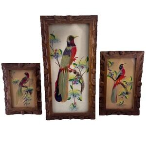 3 Mexican Feathercraft Bird Feather Picture Carved Wood Frame Set of 3 1950's